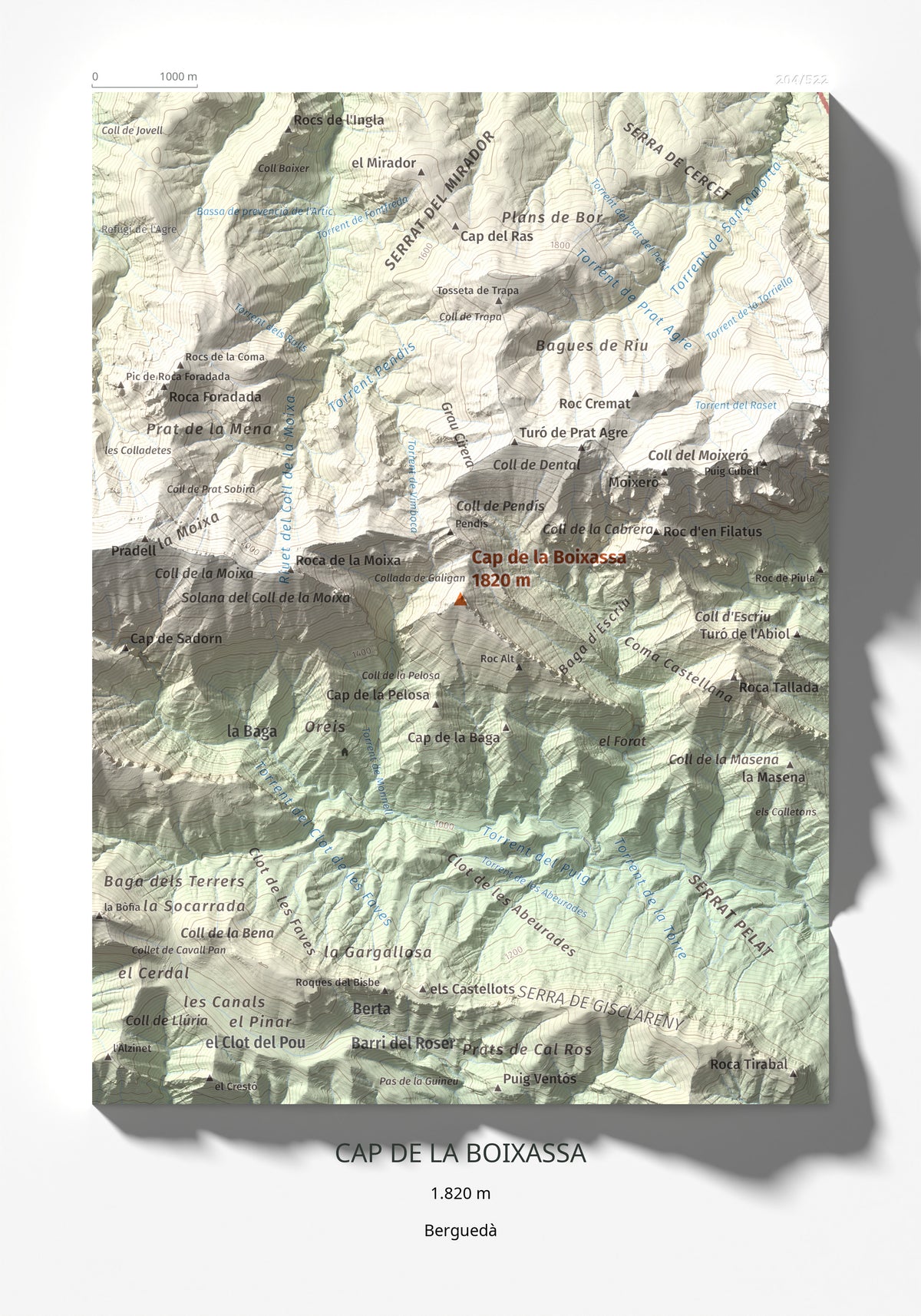 Mapa de relieve de Cap de la Boixassa, 1820 m, Berguedà, lámina 100 Cims de Trobart 21 × 30 cm.