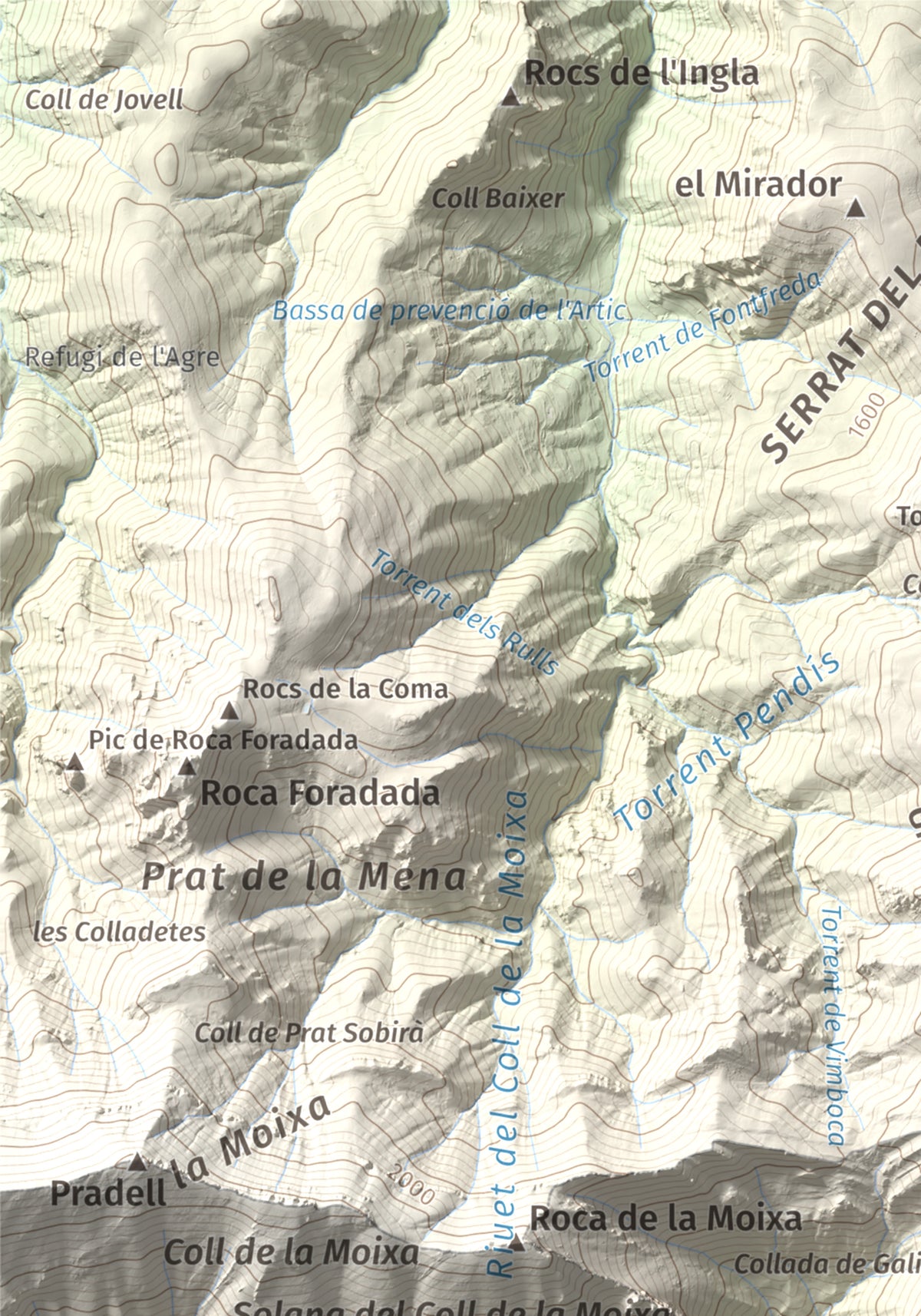 Mapa de relieve de Cap de la Boixassa, 1820 m, Berguedà, lámina 100 Cims de Trobart. Detalle de la zona superior izquierda. 21 × 30 cm.