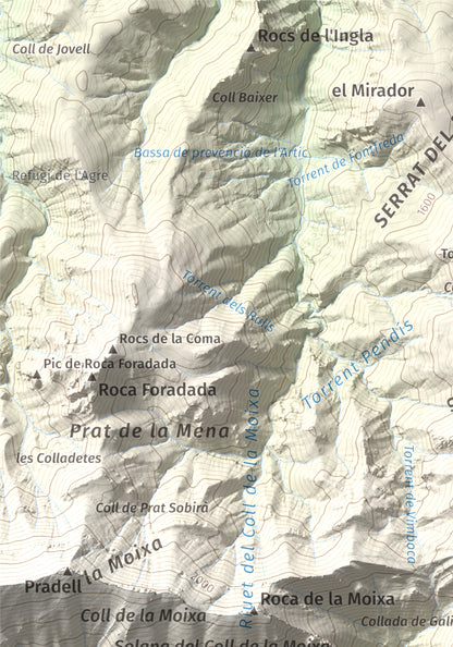 Mapa de relieve de Cap de la Boixassa, 1820 m, Berguedà, lámina 100 Cims de Trobart. Detalle de la zona superior izquierda. 21 × 30 cm.