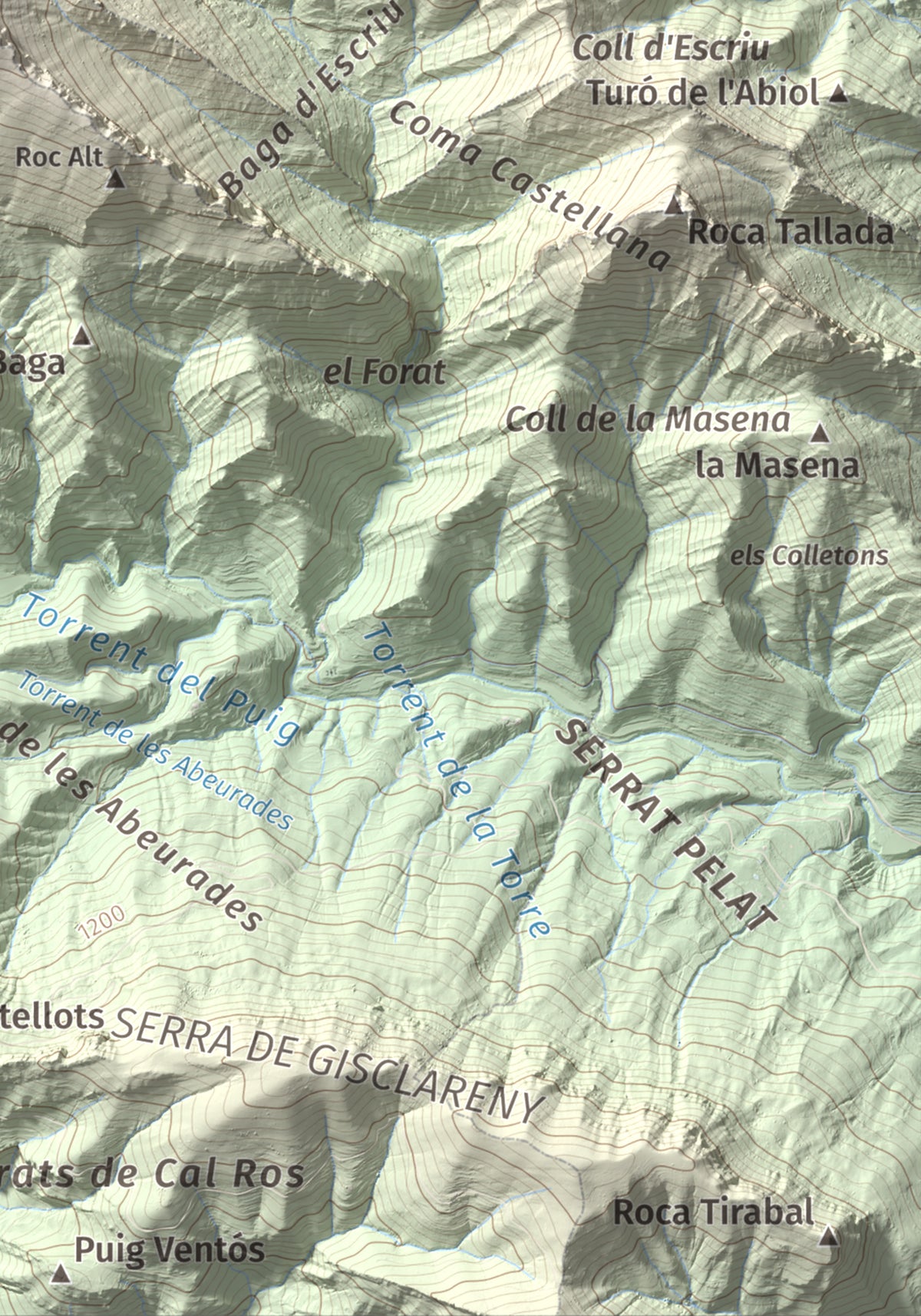Mapa de relieve de Cap de la Boixassa, 1820 m, Berguedà, lámina 100 Cims de Trobart. Detalle de la zona inferior derecha. 21 × 30 cm.