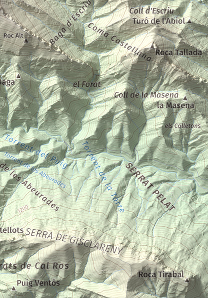 Mapa de relieve de Cap de la Boixassa, 1820 m, Berguedà, lámina 100 Cims de Trobart. Detalle de la zona inferior derecha. 21 × 30 cm.