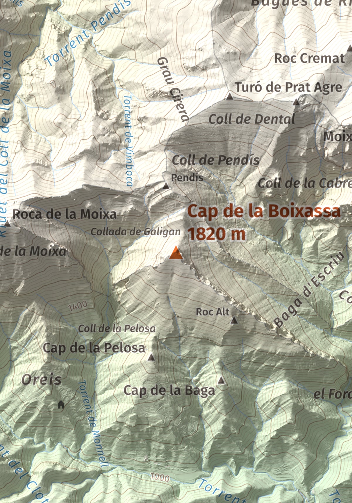 Mapa de relieve de Cap de la Boixassa, 1820 m, Berguedà, lámina 100 Cims de Trobart. Detalle de la zona central. 21 × 30 cm.