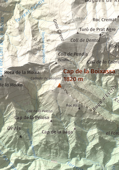 Mapa de relieve de Cap de la Boixassa, 1820 m, Berguedà, lámina 100 Cims de Trobart. Detalle de la zona central. 21 × 30 cm.