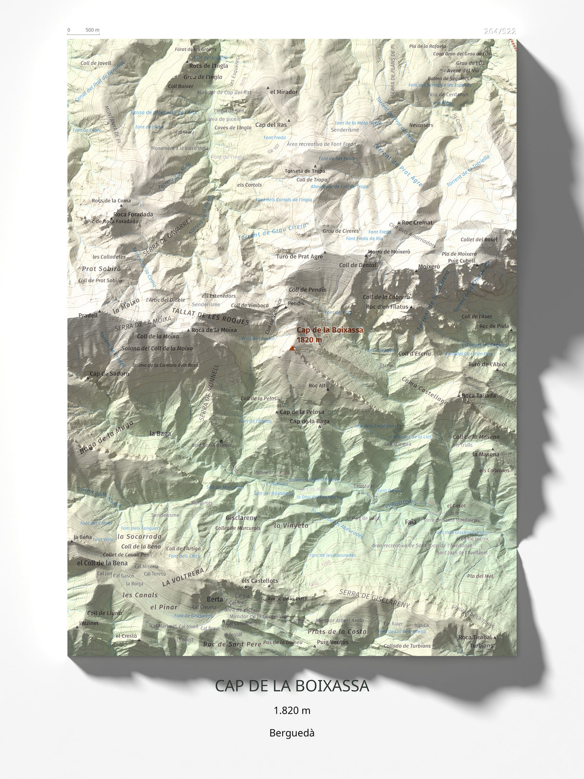 Mapa de relieve de Cap de la Boixassa, 1820 m, Berguedà, lámina 100 Cims de Trobart 30 × 40 cm.