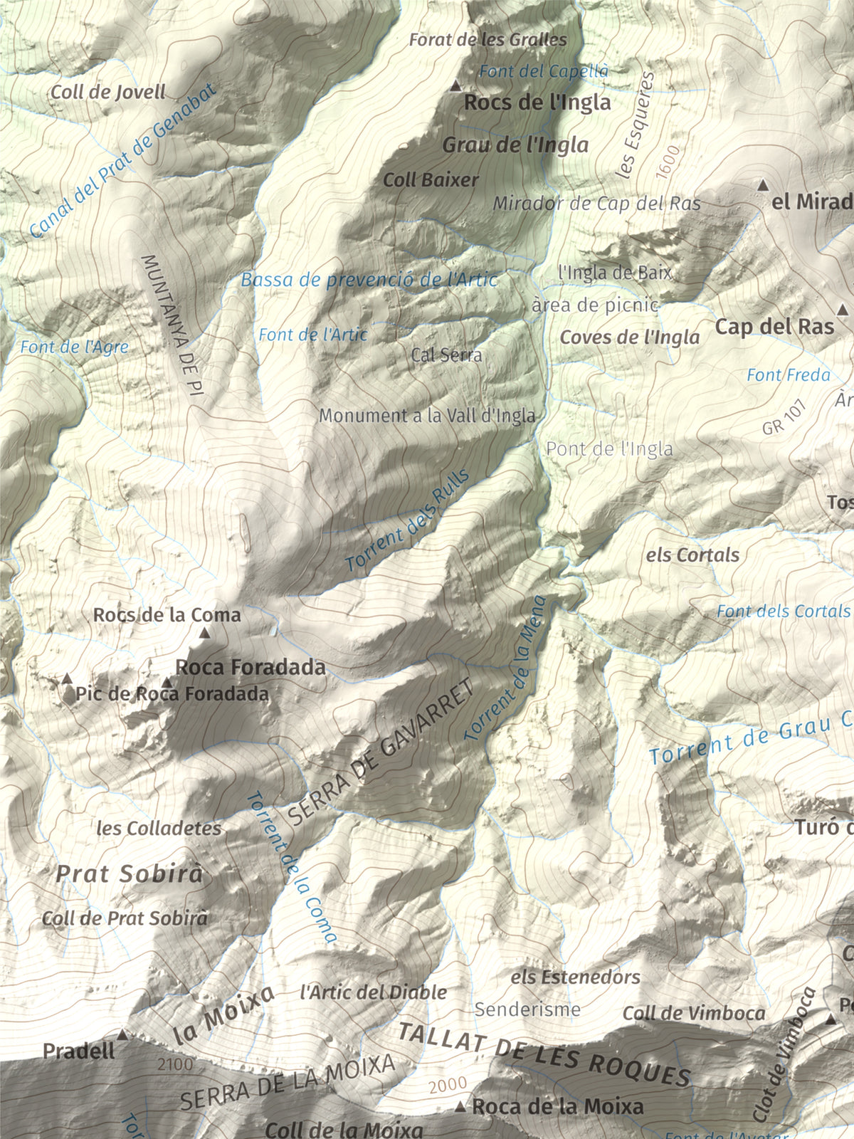 Mapa de relieve de Cap de la Boixassa, 1820 m, Berguedà, lámina 100 Cims de Trobart. Detalle de la zona superior izquierda. 30 × 40 cm.