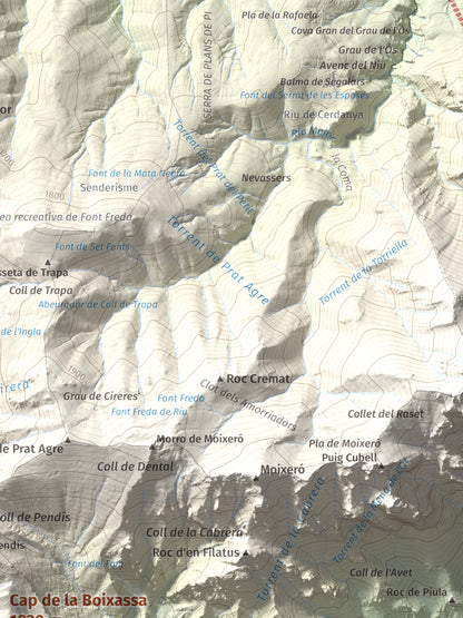 Mapa de relieve de Cap de la Boixassa, 1820 m, Berguedà, lámina 100 Cims de Trobart. Detalle de la zona superior derecha. 30 × 40 cm.