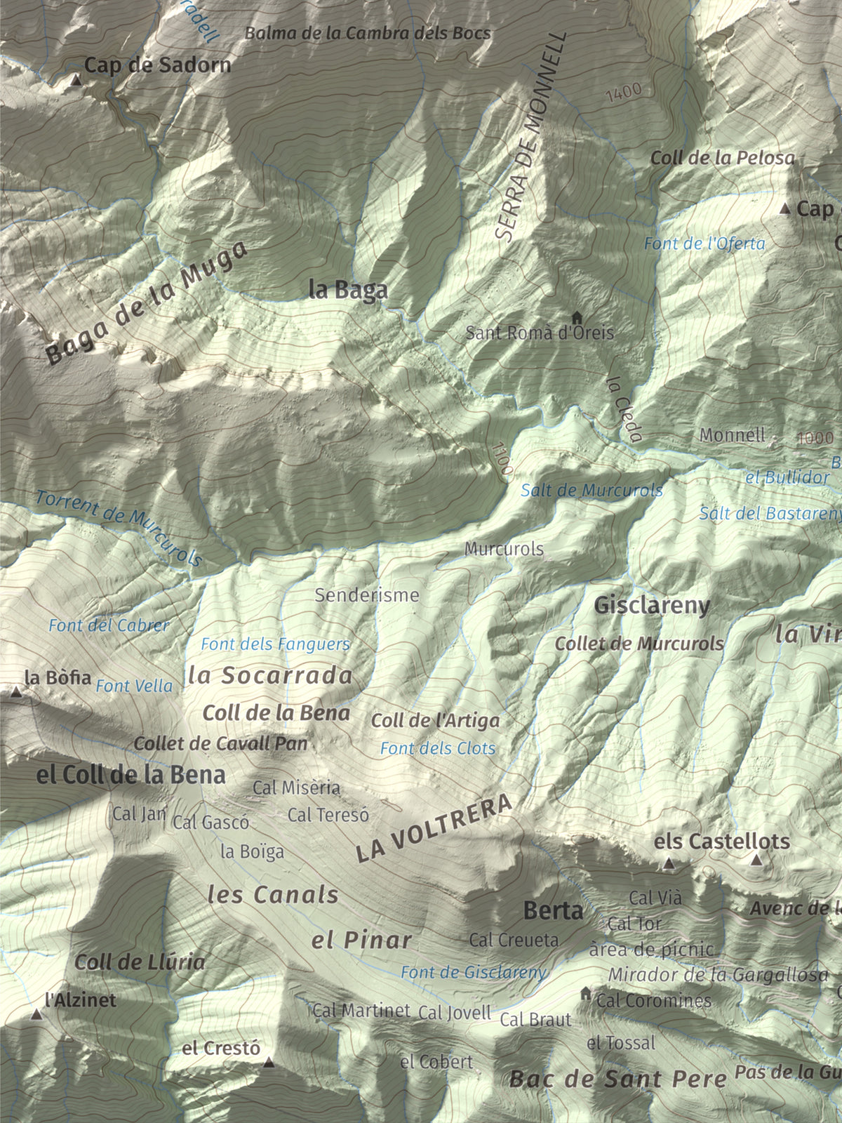 Mapa de relieve de Cap de la Boixassa, 1820 m, Berguedà, lámina 100 Cims de Trobart. Detalle de la zona inferior izquierda. 30 × 40 cm.