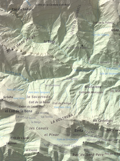 Mapa de relieve de Cap de la Boixassa, 1820 m, Berguedà, lámina 100 Cims de Trobart. Detalle de la zona inferior izquierda. 30 × 40 cm.