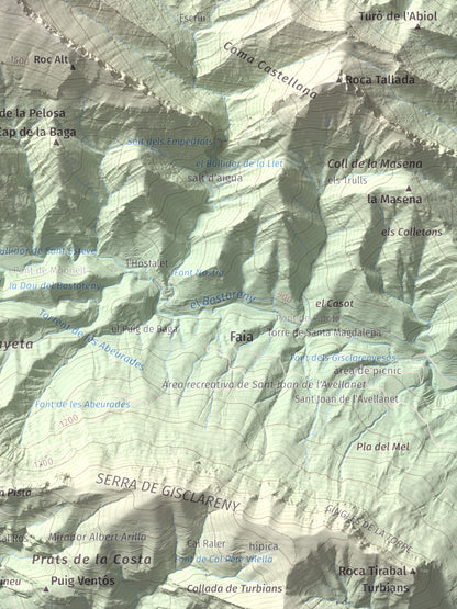Mapa de relieve de Cap de la Boixassa, 1820 m, Berguedà, lámina 100 Cims de Trobart. Detalle de la zona inferior derecha. 30 × 40 cm.