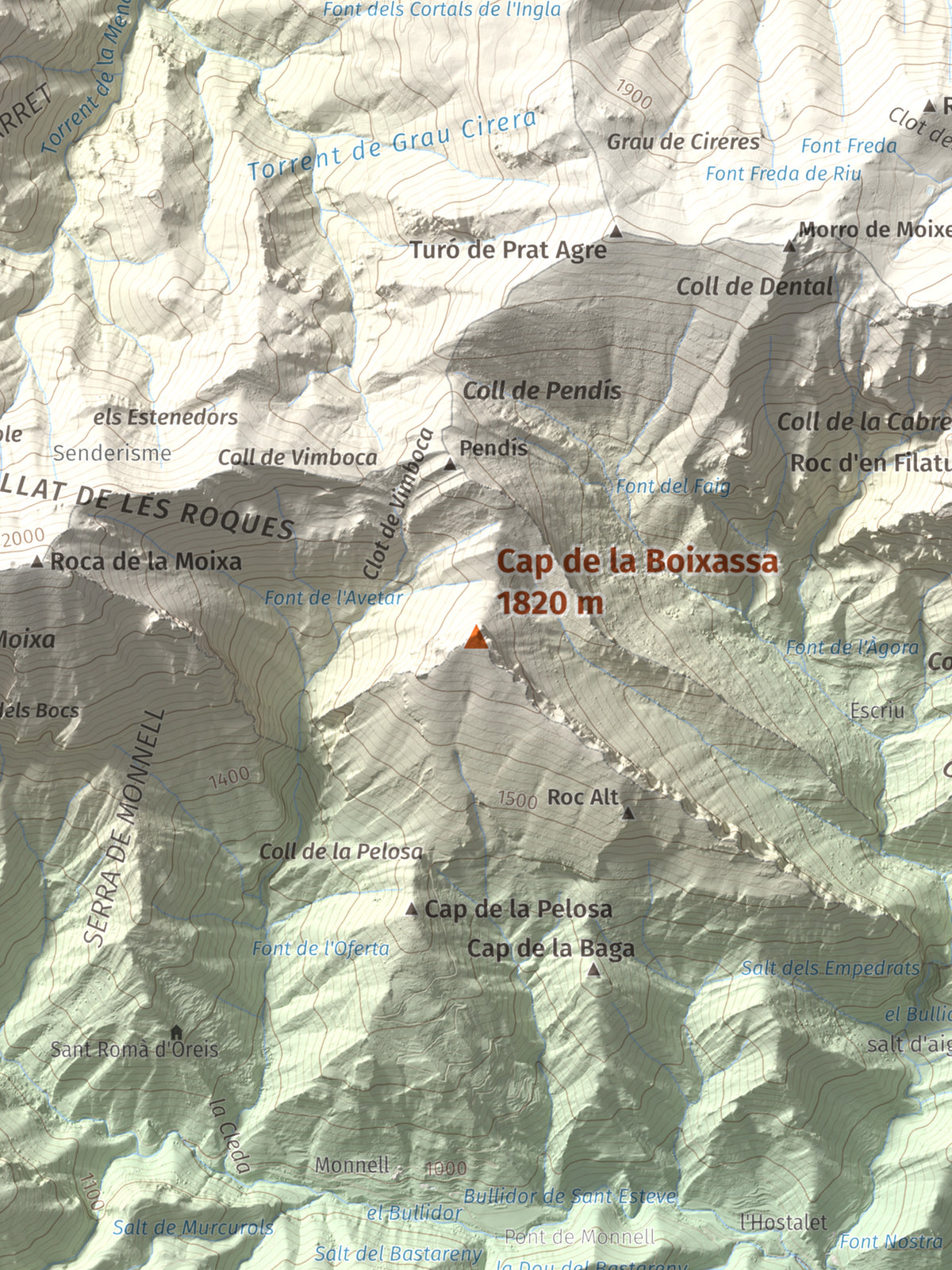 Mapa de relieve de Cap de la Boixassa, 1820 m, Berguedà, lámina 100 Cims de Trobart. Detalle de la zona central. 30 × 40 cm.
