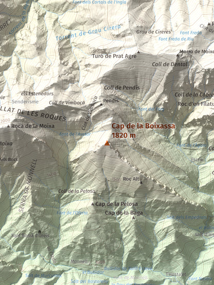 Mapa de relieve de Cap de la Boixassa, 1820 m, Berguedà, lámina 100 Cims de Trobart. Detalle de la zona central. 30 × 40 cm.