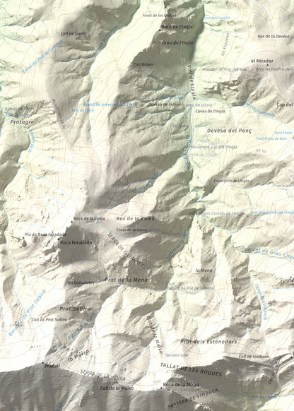 Mapa de relieve de Cap de la Boixassa, 1820 m, Berguedà, lámina 100 Cims de Trobart. Detalle de la zona superior izquierda. 50 × 70 cm.