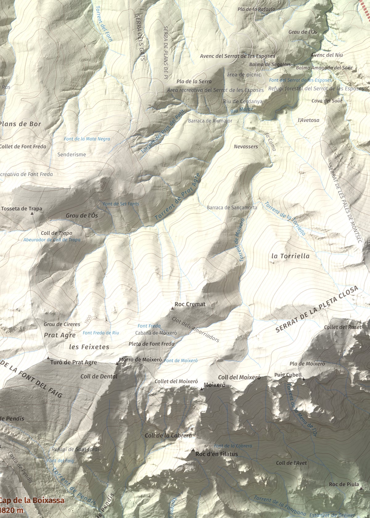 Mapa de relieve de Cap de la Boixassa, 1820 m, Berguedà, lámina 100 Cims de Trobart. Detalle de la zona superior derecha. 50 × 70 cm.