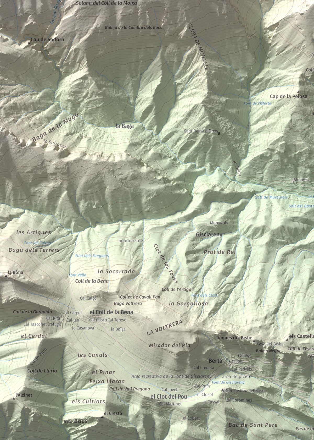 Mapa de relieve de Cap de la Boixassa, 1820 m, Berguedà, lámina 100 Cims de Trobart. Detalle de la zona inferior izquierda. 50 × 70 cm.