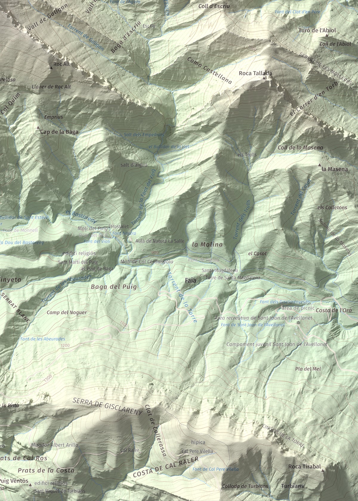 Mapa de relieve de Cap de la Boixassa, 1820 m, Berguedà, lámina 100 Cims de Trobart. Detalle de la zona inferior derecha. 50 × 70 cm.