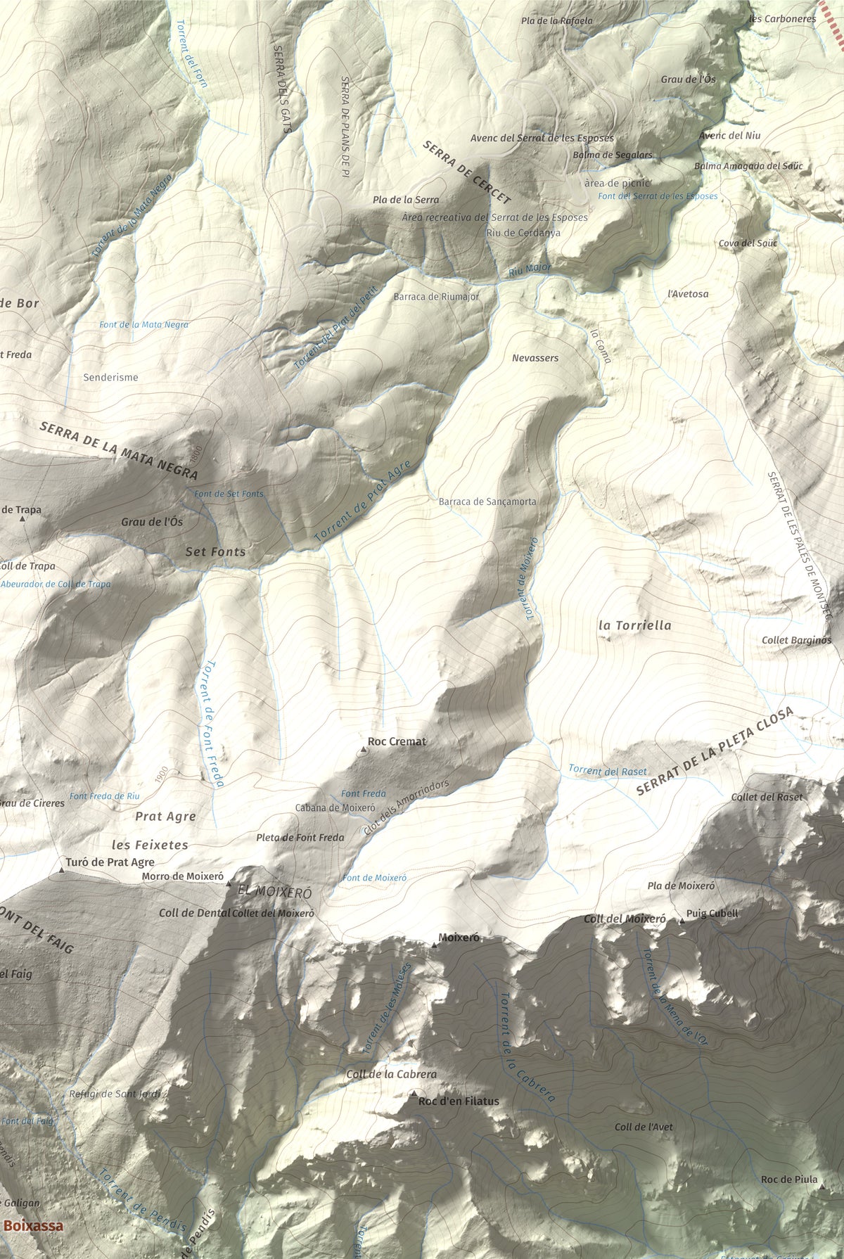 Mapa de relieve de Cap de la Boixassa, 1820 m, Berguedà, lámina 100 Cims de Trobart. Detalle de la zona superior derecha. 61 × 91 cm.