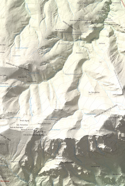 Mapa de relieve de Cap de la Boixassa, 1820 m, Berguedà, lámina 100 Cims de Trobart. Detalle de la zona superior derecha. 61 × 91 cm.