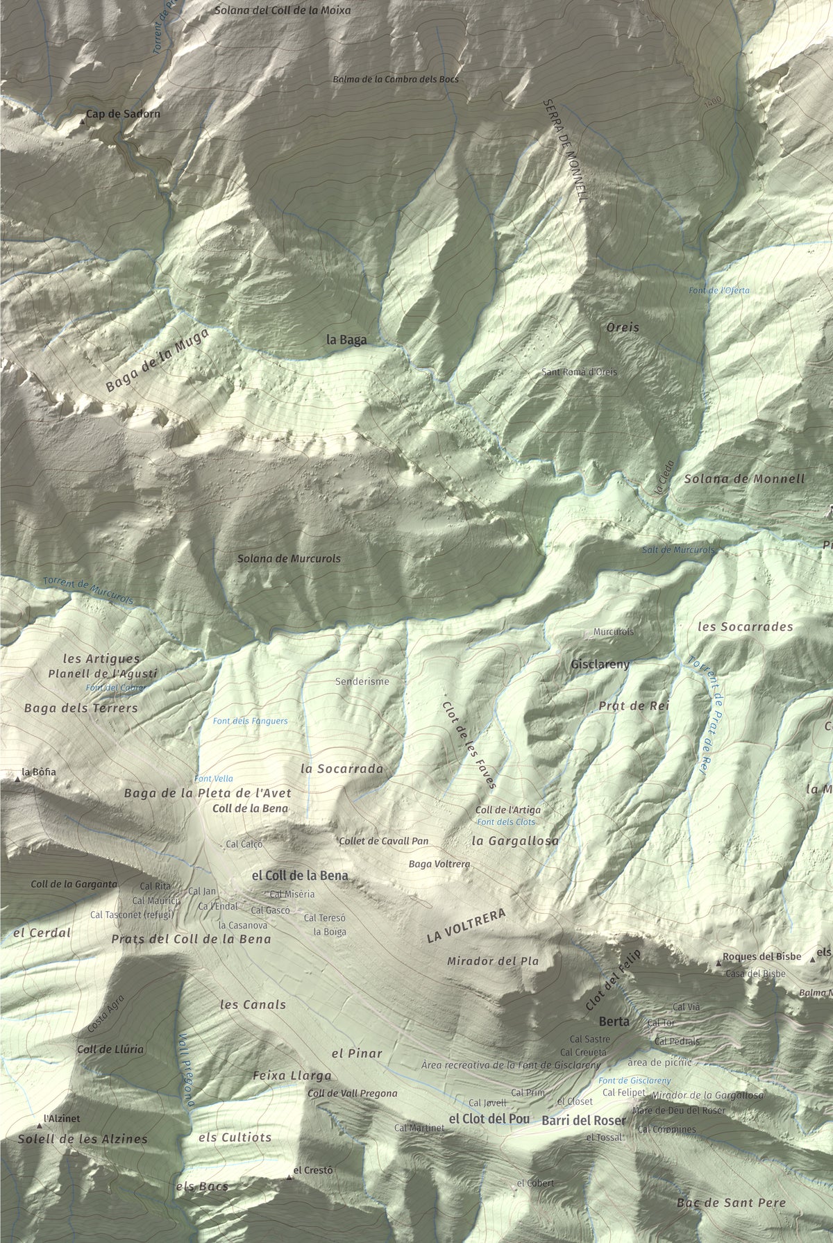 Mapa de relieve de Cap de la Boixassa, 1820 m, Berguedà, lámina 100 Cims de Trobart. Detalle de la zona inferior izquierda. 61 × 91 cm.