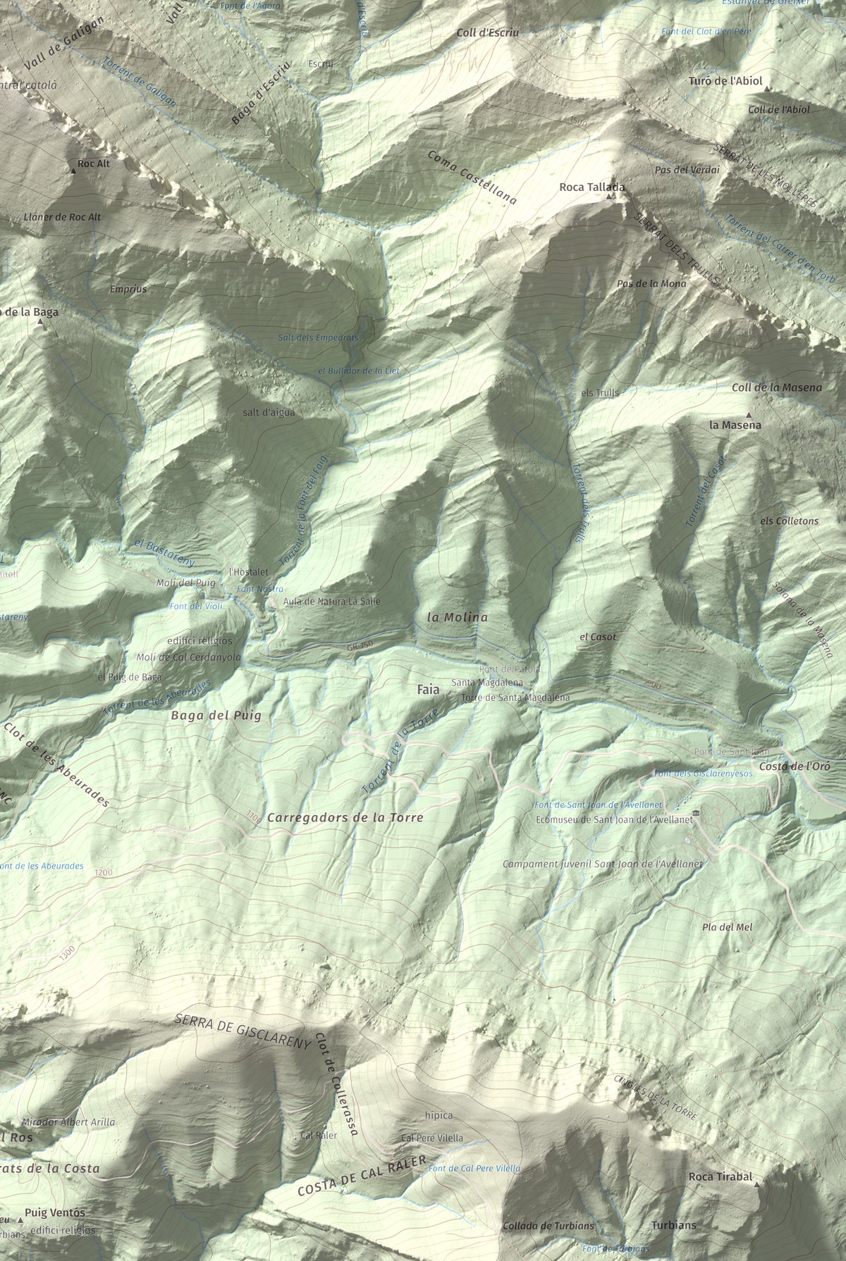 Mapa de relieve de Cap de la Boixassa, 1820 m, Berguedà, lámina 100 Cims de Trobart. Detalle de la zona inferior derecha. 61 × 91 cm.