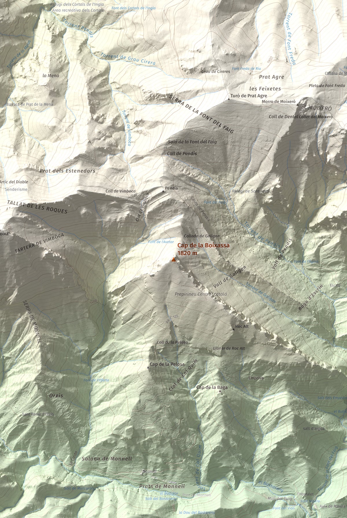 Mapa de relieve de Cap de la Boixassa, 1820 m, Berguedà, lámina 100 Cims de Trobart. Detalle de la zona central. 61 × 91 cm.