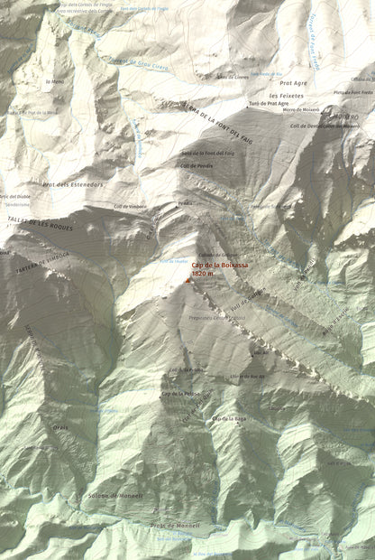 Mapa de relieve de Cap de la Boixassa, 1820 m, Berguedà, lámina 100 Cims de Trobart. Detalle de la zona central. 61 × 91 cm.