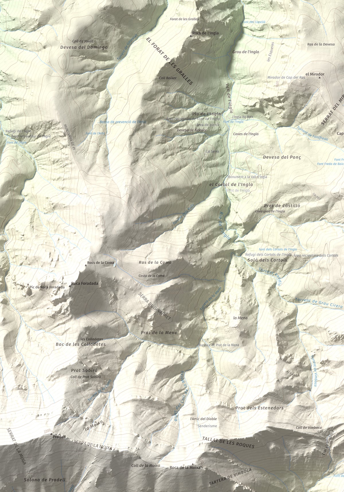 Mapa de relieve de Cap de la Boixassa, 1820 m, Berguedà, lámina 100 Cims de Trobart. Detalle de la zona superior izquierda. 70 × 100 cm.