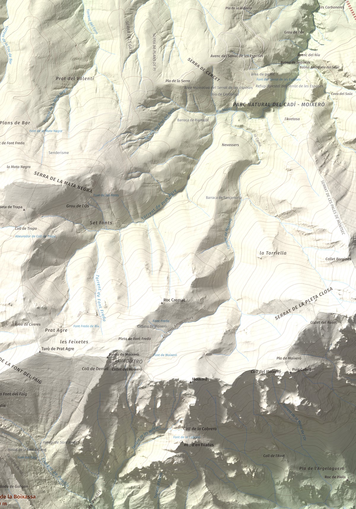 Mapa de relieve de Cap de la Boixassa, 1820 m, Berguedà, lámina 100 Cims de Trobart. Detalle de la zona superior derecha. 70 × 100 cm.