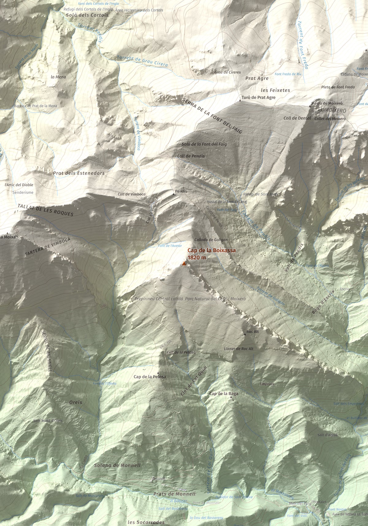 Mapa de relieve de Cap de la Boixassa, 1820 m, Berguedà, lámina 100 Cims de Trobart. Detalle de la zona central. 70 × 100 cm.