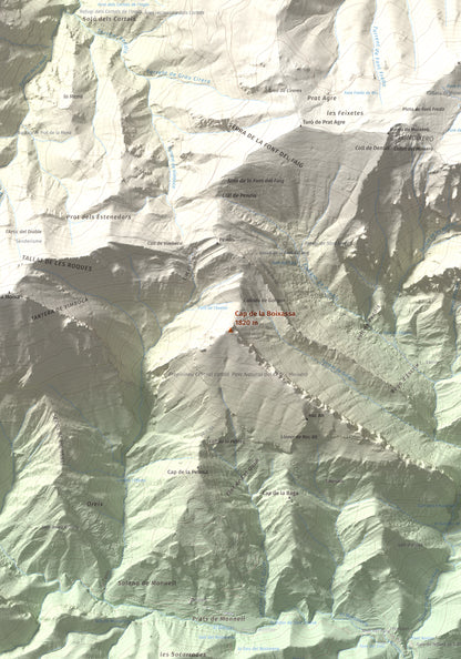 Mapa de relieve de Cap de la Boixassa, 1820 m, Berguedà, lámina 100 Cims de Trobart. Detalle de la zona central. 70 × 100 cm.