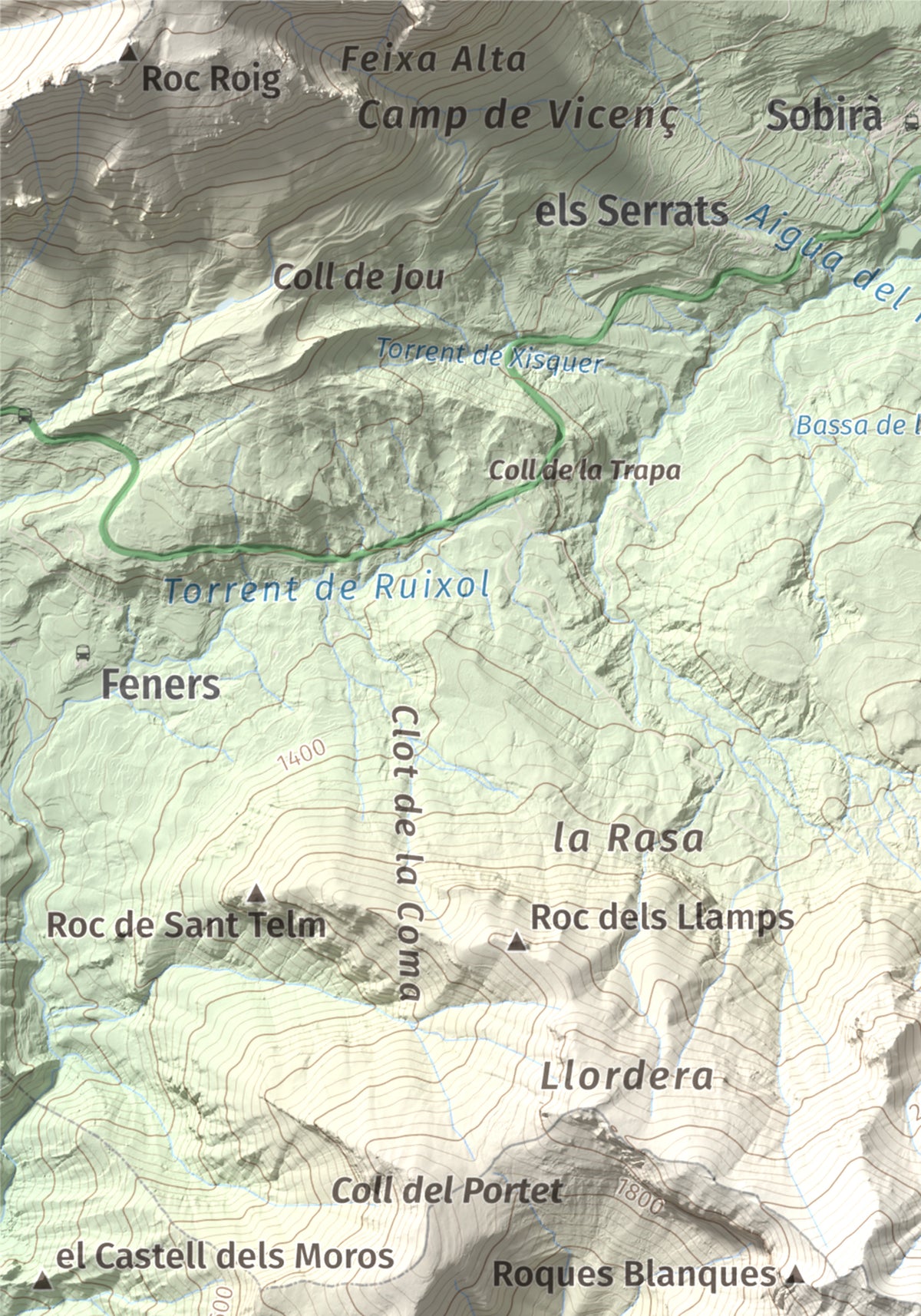 Mapa de relieve de Cap de la Gallina Pelada, 2321 m, Berguedà, lámina 100 Cims de Trobart. Detalle de la zona superior izquierda. 21 × 30 cm.