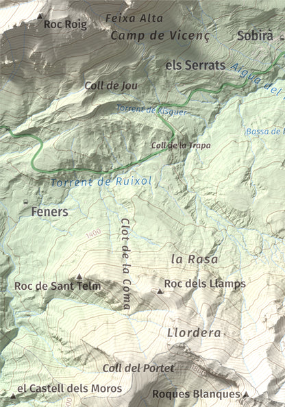 Mapa de relieve de Cap de la Gallina Pelada, 2321 m, Berguedà, lámina 100 Cims de Trobart. Detalle de la zona superior izquierda. 21 × 30 cm.