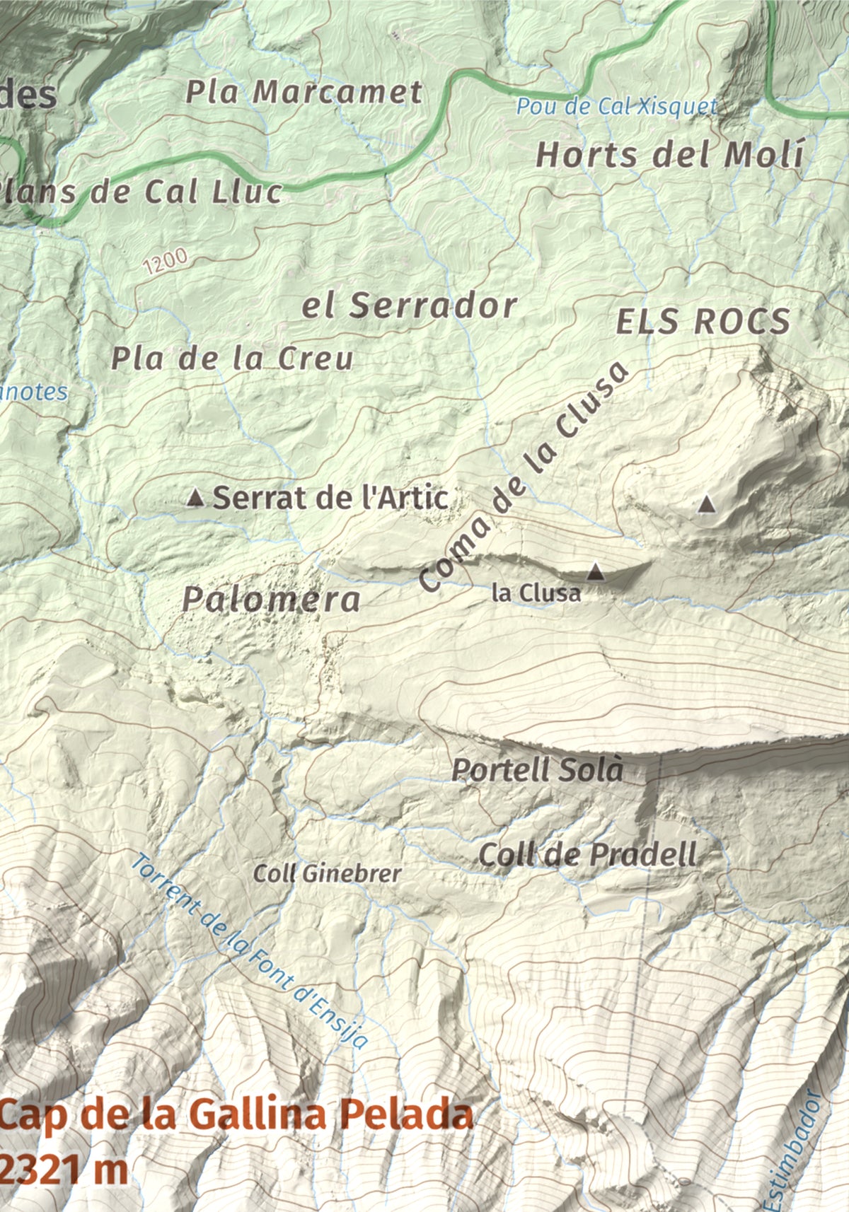 Mapa de relieve de Cap de la Gallina Pelada, 2321 m, Berguedà, lámina 100 Cims de Trobart. Detalle de la zona superior derecha. 21 × 30 cm.