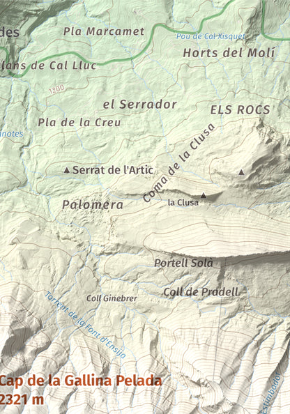 Mapa de relieve de Cap de la Gallina Pelada, 2321 m, Berguedà, lámina 100 Cims de Trobart. Detalle de la zona superior derecha. 21 × 30 cm.