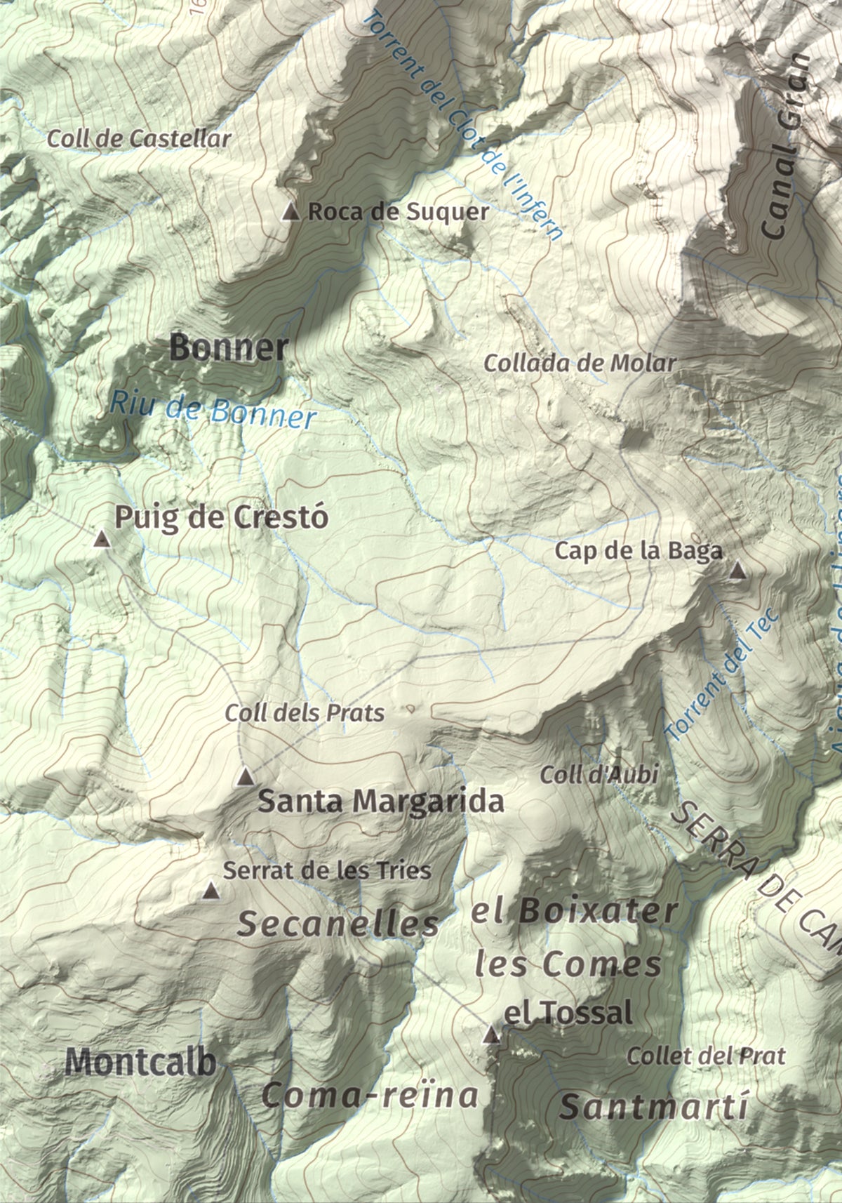 Mapa de relieve de Cap de la Gallina Pelada, 2321 m, Berguedà, lámina 100 Cims de Trobart. Detalle de la zona inferior izquierda. 21 × 30 cm.