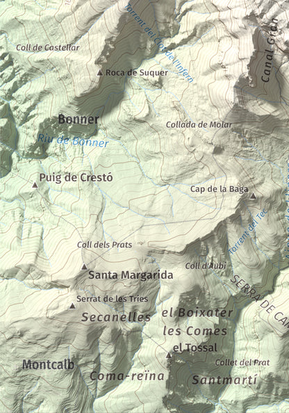 Mapa de relieve de Cap de la Gallina Pelada, 2321 m, Berguedà, lámina 100 Cims de Trobart. Detalle de la zona inferior izquierda. 21 × 30 cm.