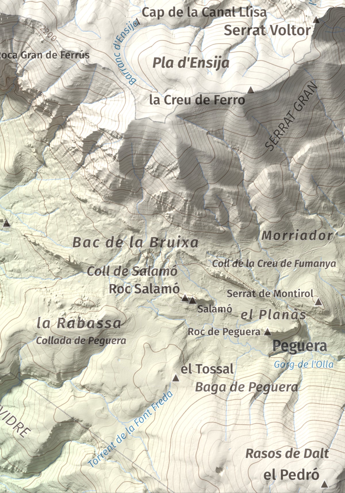 Mapa de relieve de Cap de la Gallina Pelada, 2321 m, Berguedà, lámina 100 Cims de Trobart. Detalle de la zona inferior derecha. 21 × 30 cm.