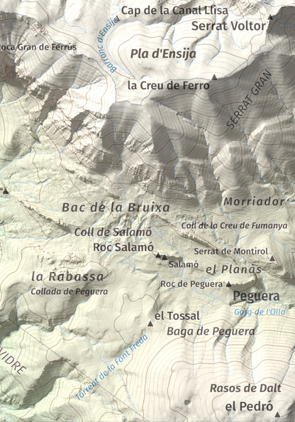 Mapa de relieve de Cap de la Gallina Pelada, 2321 m, Berguedà, lámina 100 Cims de Trobart. Detalle de la zona inferior derecha. 21 × 30 cm.