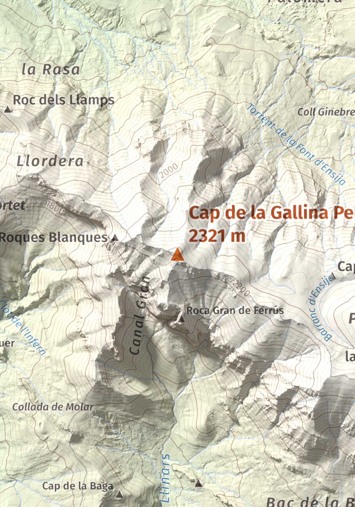 Mapa de relieve de Cap de la Gallina Pelada, 2321 m, Berguedà, lámina 100 Cims de Trobart. Detalle de la zona central. 21 × 30 cm.