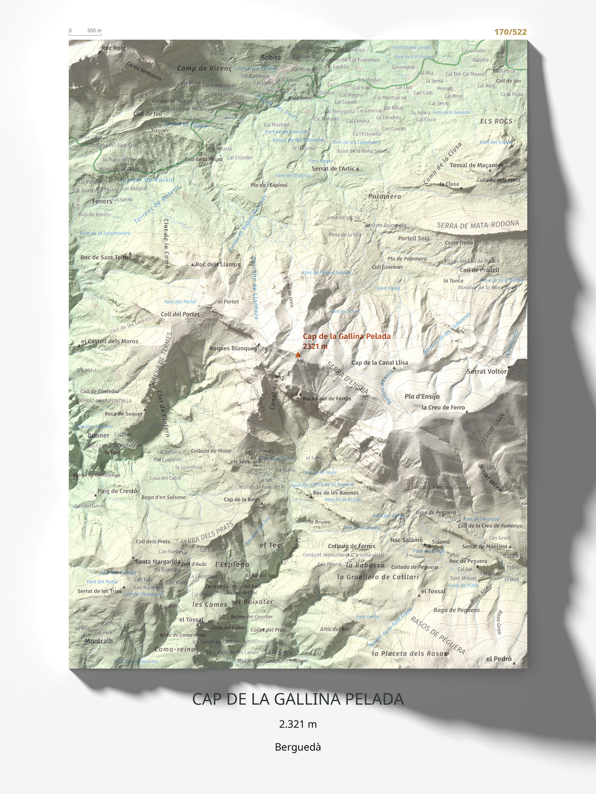 Mapa de relieve de Cap de la Gallina Pelada, 2321 m, Berguedà, lámina 100 Cims de Trobart 30 × 40 cm.