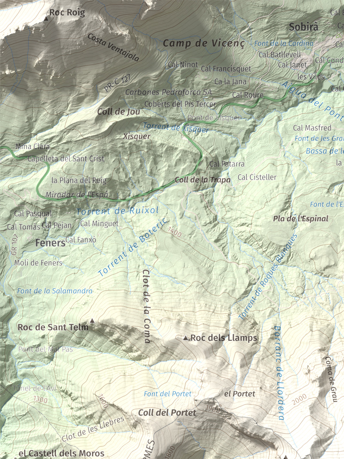 Mapa de relieve de Cap de la Gallina Pelada, 2321 m, Berguedà, lámina 100 Cims de Trobart. Detalle de la zona superior izquierda. 30 × 40 cm.