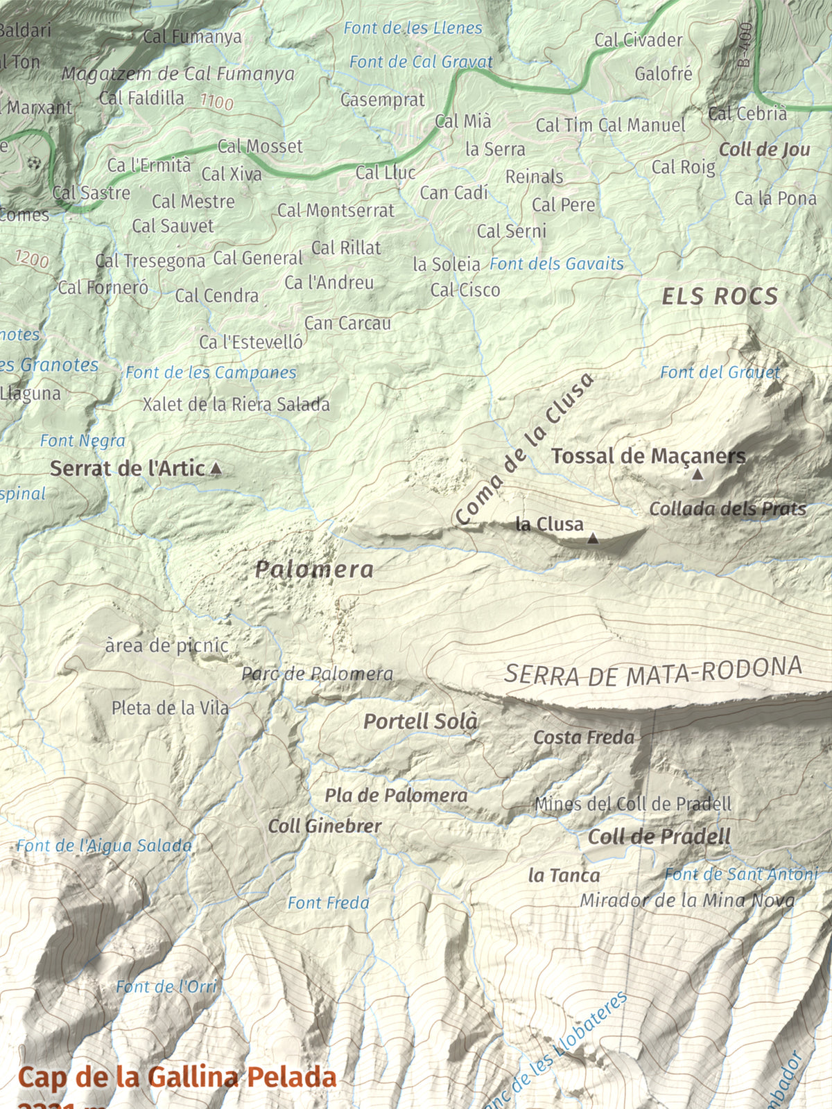 Mapa de relieve de Cap de la Gallina Pelada, 2321 m, Berguedà, lámina 100 Cims de Trobart. Detalle de la zona superior derecha. 30 × 40 cm.