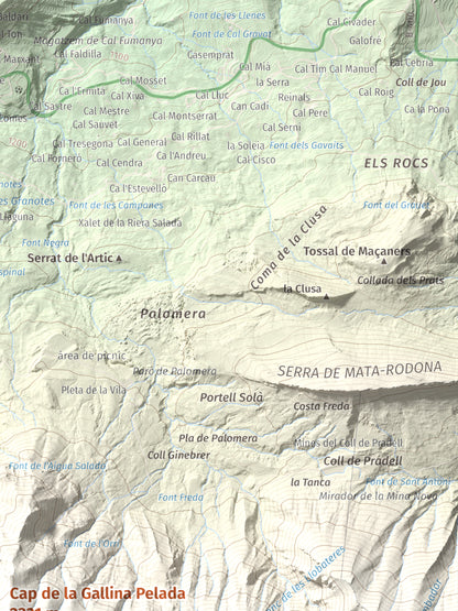 Mapa de relieve de Cap de la Gallina Pelada, 2321 m, Berguedà, lámina 100 Cims de Trobart. Detalle de la zona superior derecha. 30 × 40 cm.
