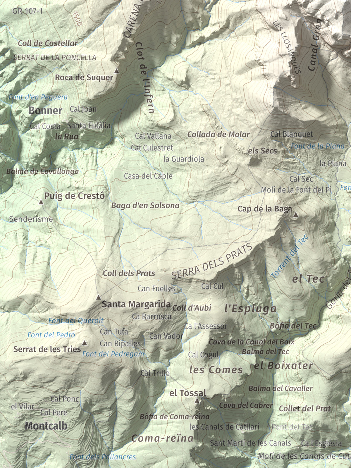 Mapa de relieve de Cap de la Gallina Pelada, 2321 m, Berguedà, lámina 100 Cims de Trobart. Detalle de la zona inferior izquierda. 30 × 40 cm.