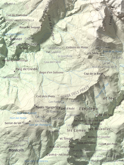 Mapa de relieve de Cap de la Gallina Pelada, 2321 m, Berguedà, lámina 100 Cims de Trobart. Detalle de la zona inferior izquierda. 30 × 40 cm.