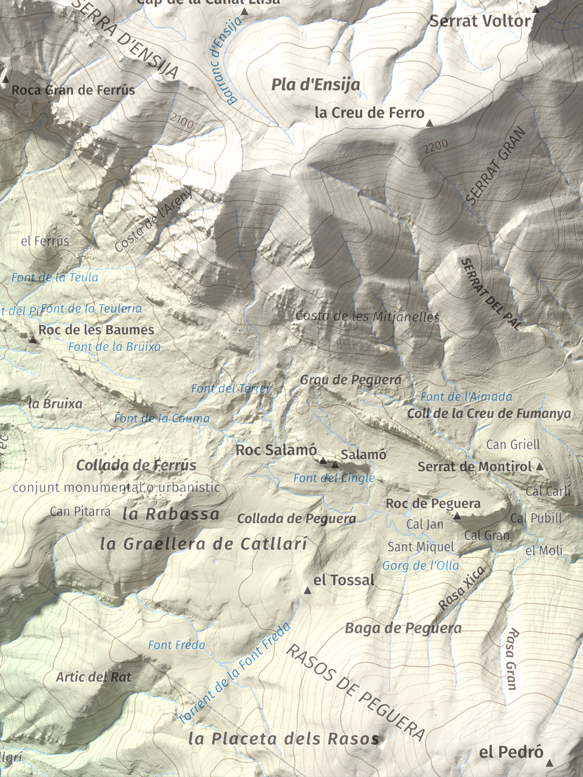 Mapa de relieve de Cap de la Gallina Pelada, 2321 m, Berguedà, lámina 100 Cims de Trobart. Detalle de la zona inferior derecha. 30 × 40 cm.