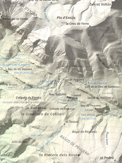 Mapa de relieve de Cap de la Gallina Pelada, 2321 m, Berguedà, lámina 100 Cims de Trobart. Detalle de la zona inferior derecha. 30 × 40 cm.