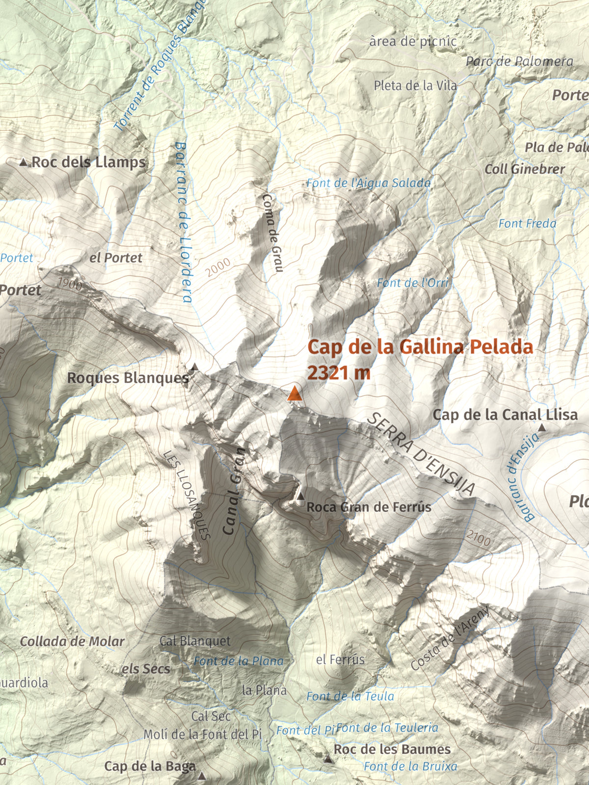 Mapa de relieve de Cap de la Gallina Pelada, 2321 m, Berguedà, lámina 100 Cims de Trobart. Detalle de la zona central. 30 × 40 cm.