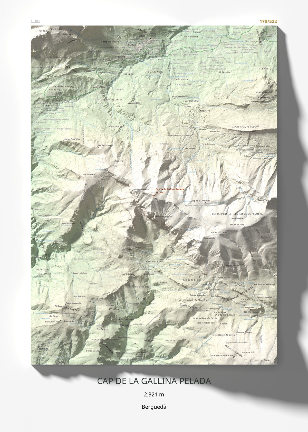Mapa de relieve de Cap de la Gallina Pelada, 2321 m, Berguedà, lámina 100 Cims de Trobart 50 × 70 cm.