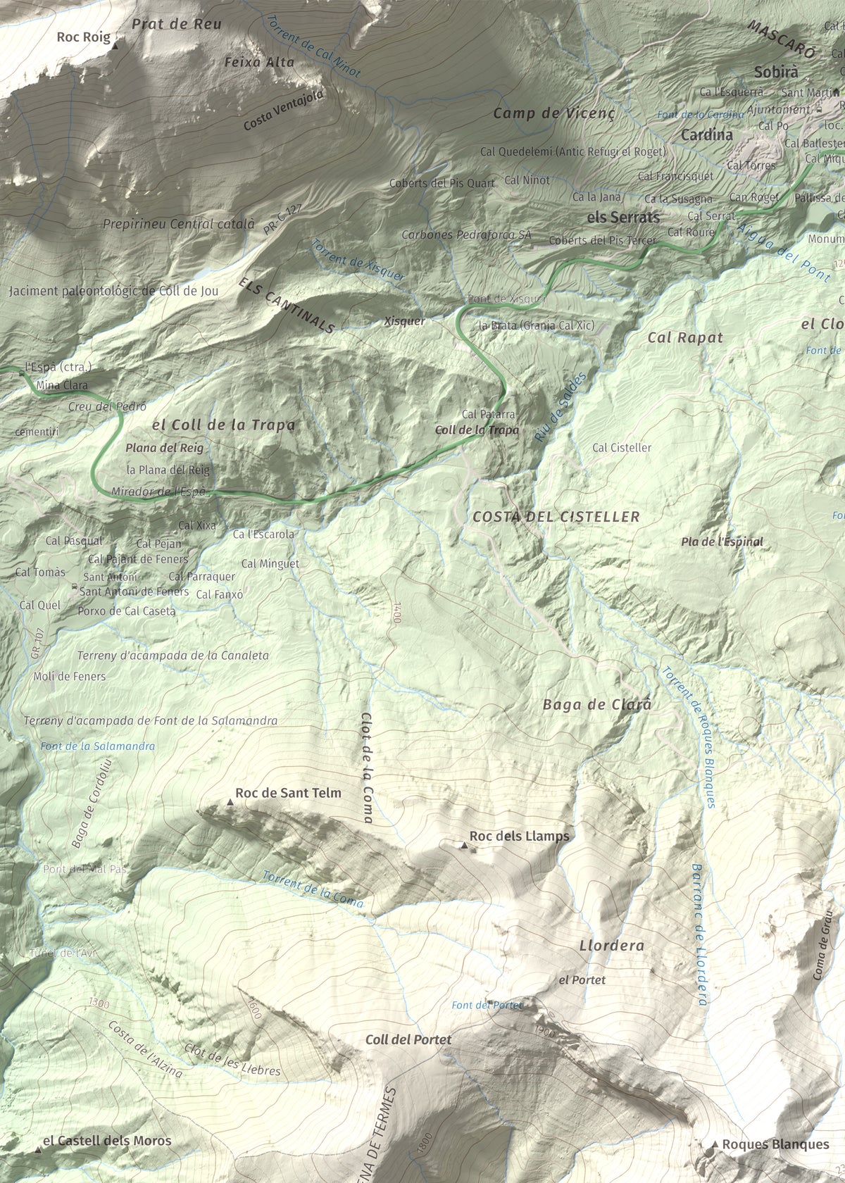 Mapa de relieve de Cap de la Gallina Pelada, 2321 m, Berguedà, lámina 100 Cims de Trobart. Detalle de la zona superior izquierda. 50 × 70 cm.