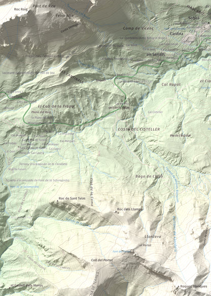 Mapa de relieve de Cap de la Gallina Pelada, 2321 m, Berguedà, lámina 100 Cims de Trobart. Detalle de la zona superior izquierda. 50 × 70 cm.